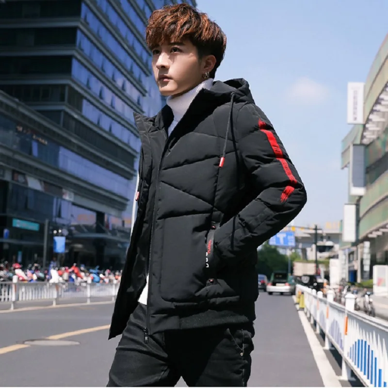 Men's Fashion Ribbon Stitching Winter Jacket Korean Style Clothes Youth Slim Thicken Winter Coat Harajuku Jacket with Hood