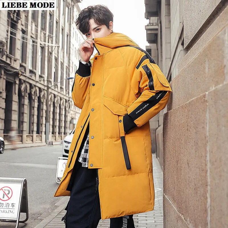 Warm Thick Men White Duck Down Jacket Hooded Puffer Jackets Coat Winter Male Casual Slim Long Parka Overcoat Red Black Yellow