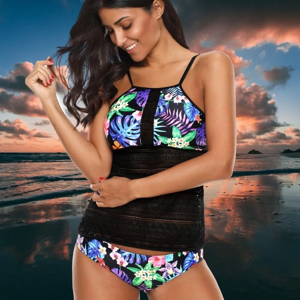 Women Tropical Tankini Cyper Psychedelic Magic Leaves Conservative Beachwear Set Retro 2 Pieces