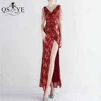 qsyye colorful red sequin evening dress long sexy split prom gown burgundy beading straps lady v neck party ruch formal dress