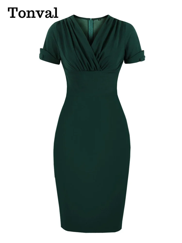 Dress Office Outfits Women Green Elegant Slim Fit Vintage Dr