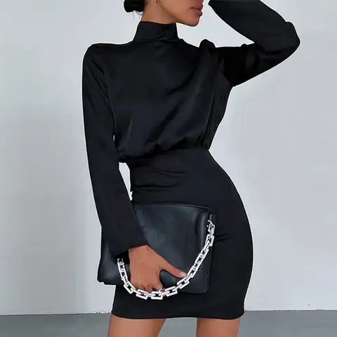 Женское атласное платье с бантом, черное облегающее мини-платье с открытой спиной и воротником-стойкой, весна-лето 2022