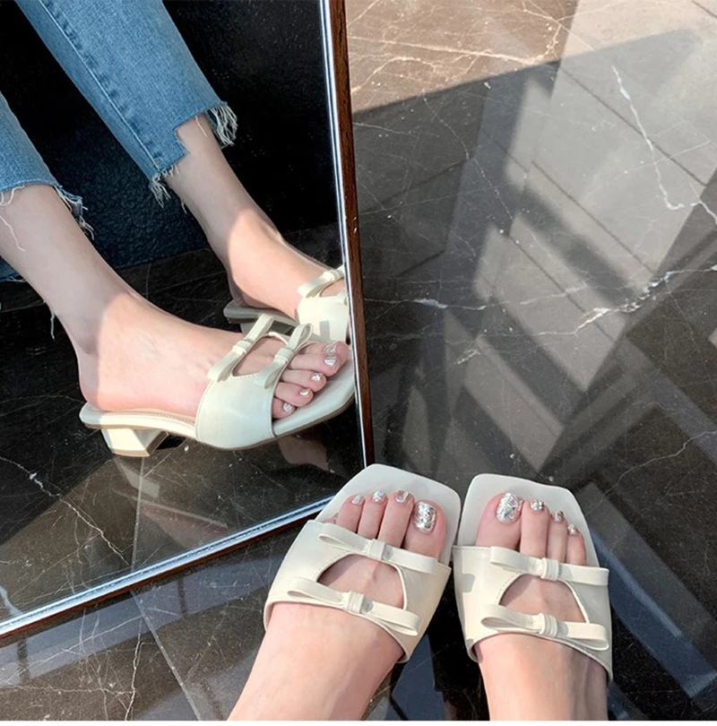 2023 Summer New Brand Women Slippers Fashion Bowtie Slip on Sandals Low Square Heel Outdoor Casual Beach Slides Shoes Flip Flops