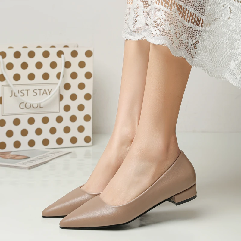 

2023 Spring and Autumn New Pointed Toe Shallow Mouth Square Heel Small Leather Shoes Women's Casual Elegant Fashion High Heels