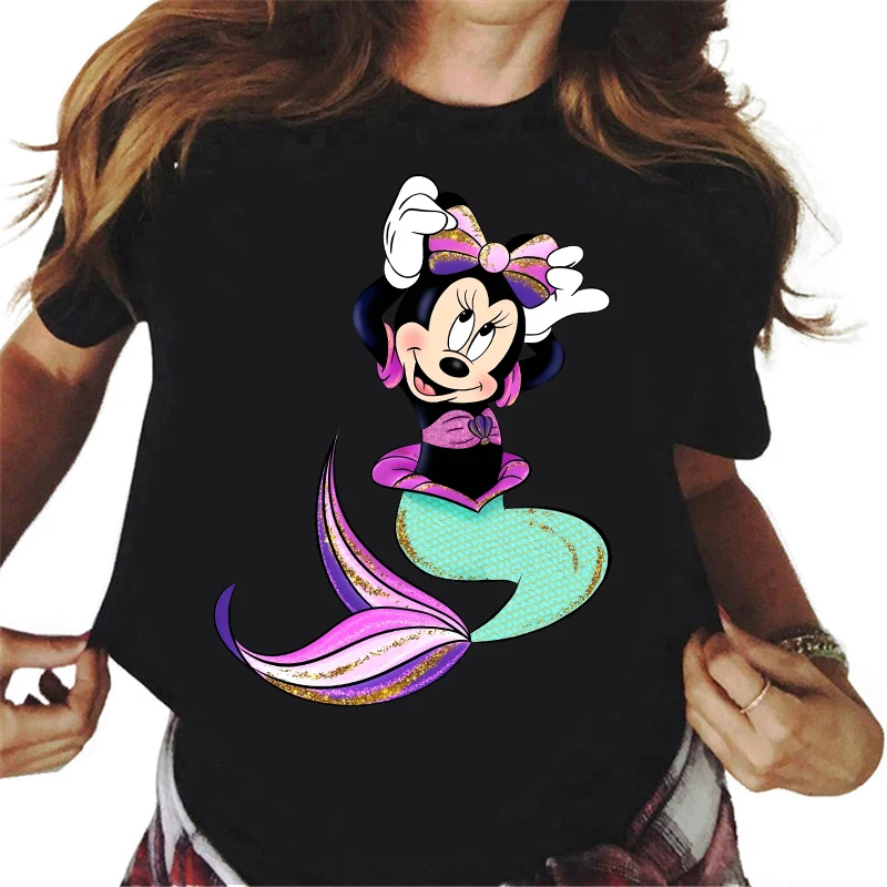 

Female Cute Graphic T-shirts Disney New Mermaid Minnie Mouse Print Fashion Tops Women Loose Tees Kawaii Cartoon T Shirts