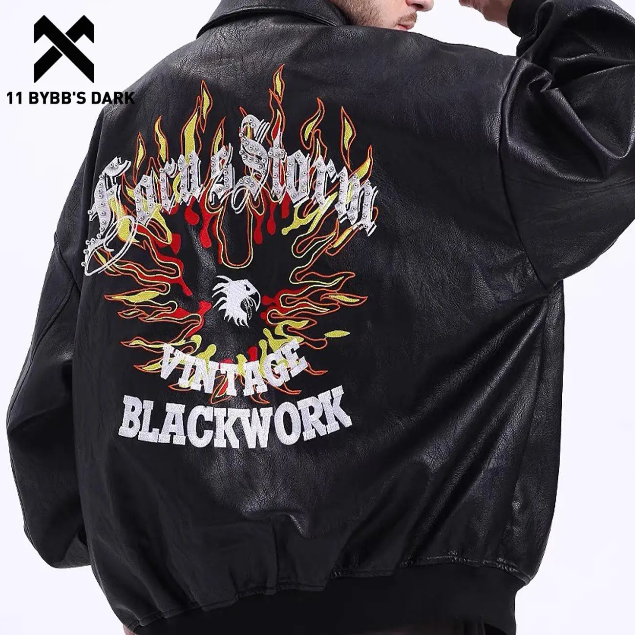 

11 BYBB'S DARK Hot Selling Men Hip Hop Streetwear Loose Jacket Fleece Polyester Jacket Rivets Embroidery Flame Eagle PU Jacket