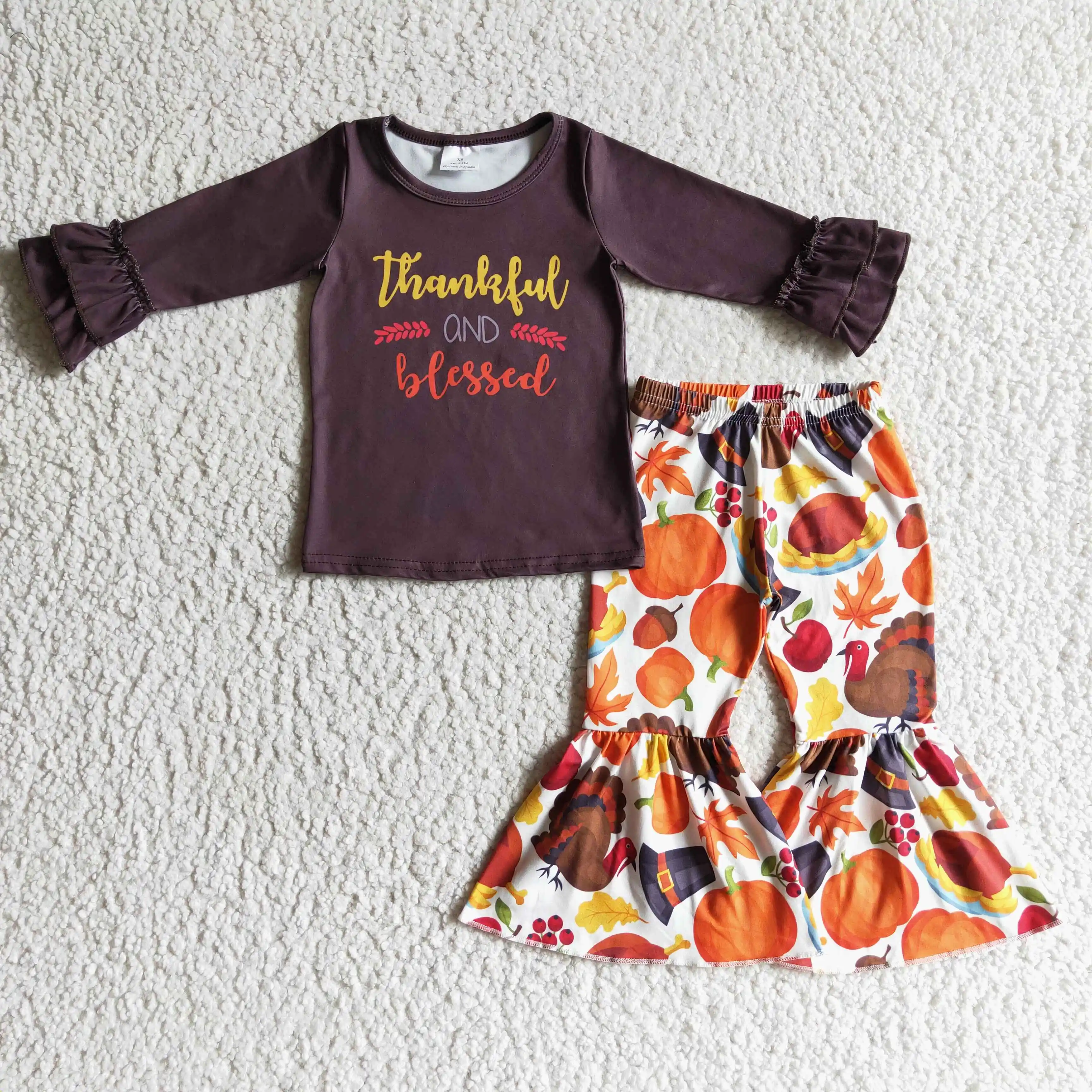 

GLP0230 girl thankful and blesses letter design brown top pumpkin turkeybell bottoms set