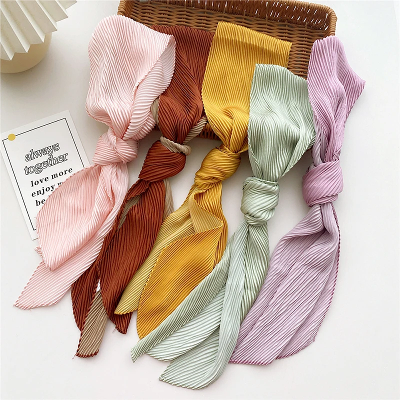 

Elegant Silk Scarf Pleated Neck Scarf Tie Neckerchief Solid Long Skinny Scarf Ribbon Headscarf Satin Hair Tie Band Decorative
