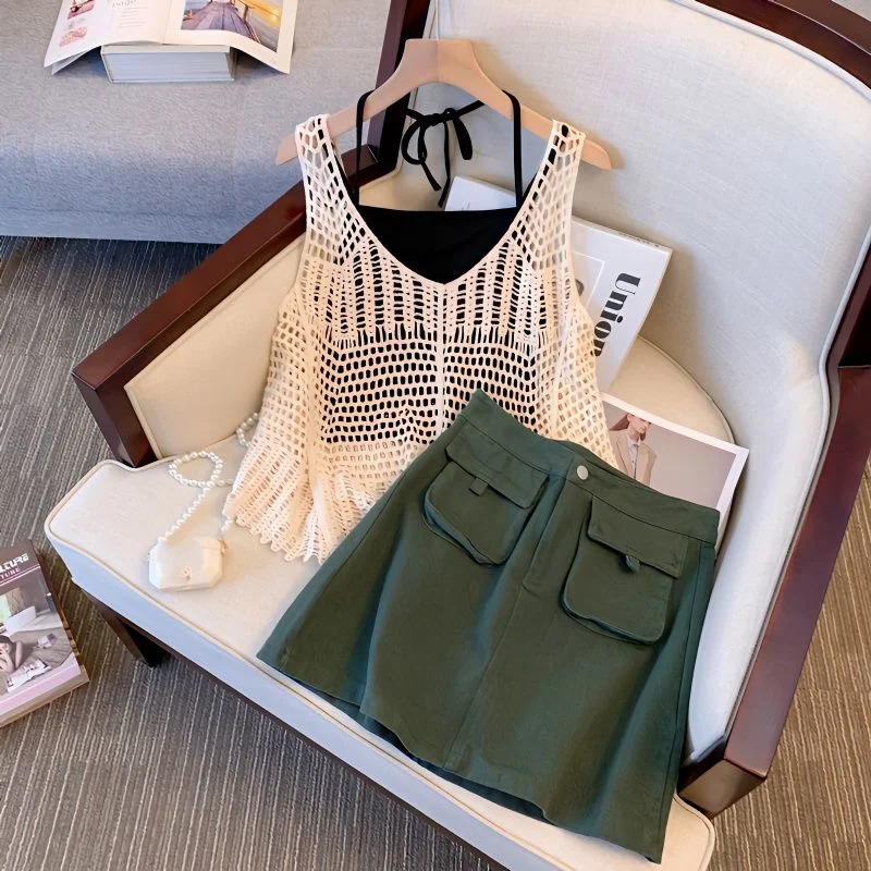 

Women's Clothing Age Reduction Sets Summer Hooked Flower Hollow Knitted Vest Sleeveless Suspender Top Work Dress Three Piece Set