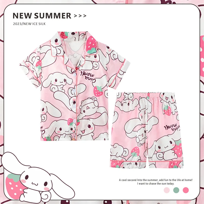 

Sanrio Kuromi Cinnamoroll Children Pajamas Girls Short Sleeved Ice Silk Cartoon Cute Middle and Large Children Homewear Suit