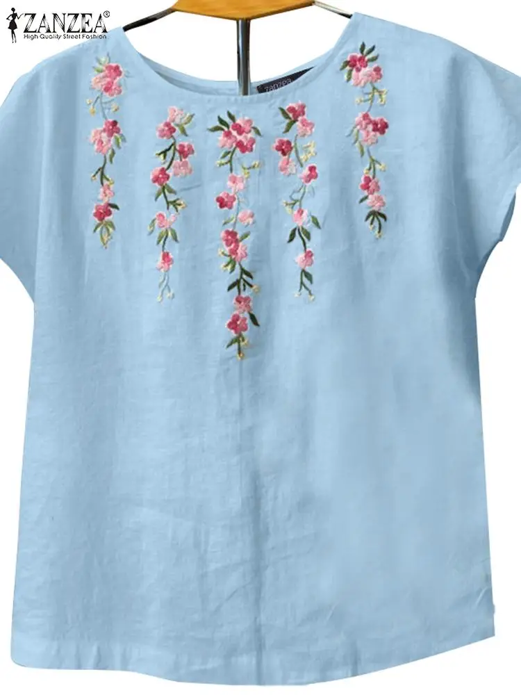 Женская летняя блузка с цветочной вышивкой ZANZEA рубашка коротким рукавом