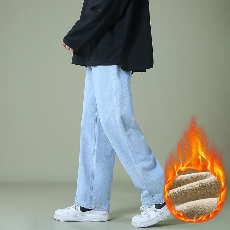 

Winter New Mens Fleece Straight Jeans Classic Blue Baggy Wide Leg Denim Trousers Casual Streetwear Harajuku Male Trousers