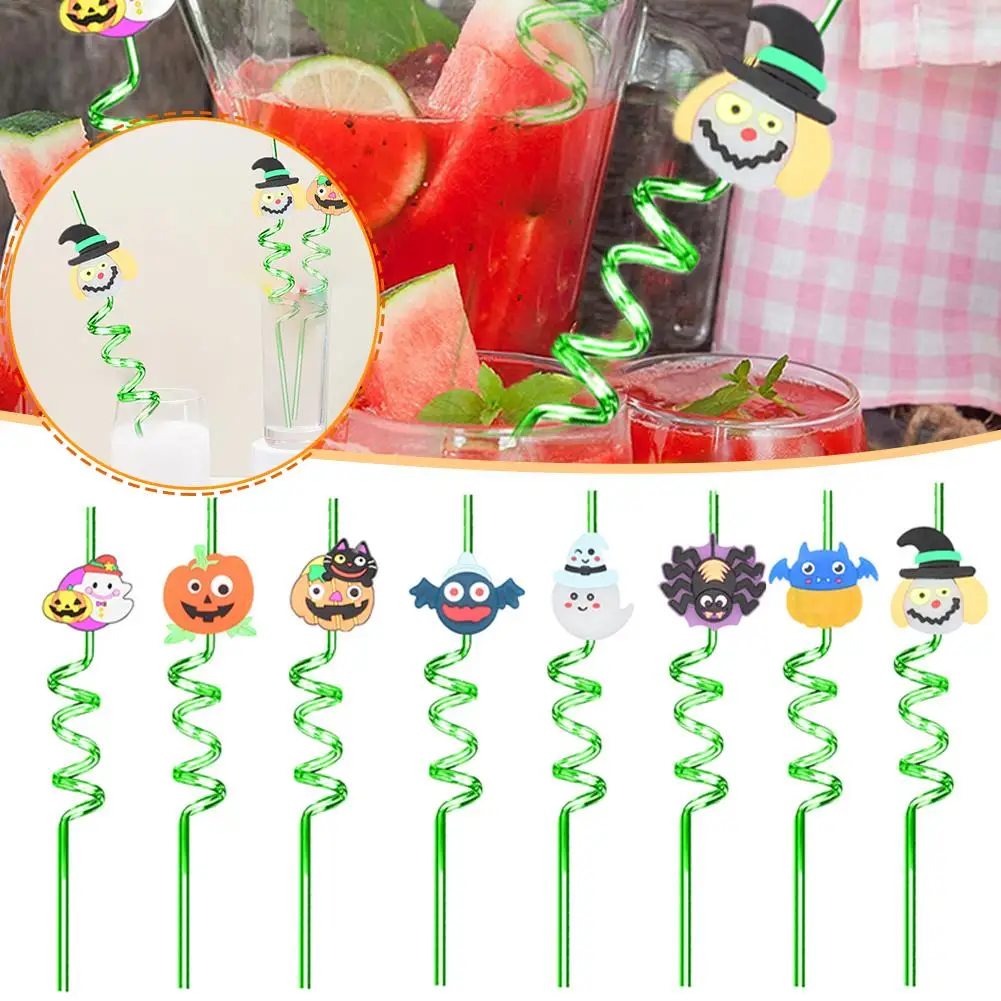 

8pcs Halloween Theme Kids Straw Halloween Funny Bat Mixed Drink Halloween Pumpkin Colors Plastic Decoration Straws Party C0H9