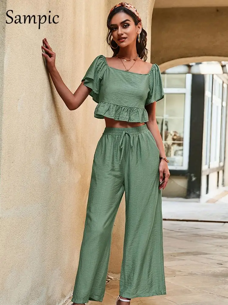 

Sampic Casual Trousers Two Piece Set Women Outfits Y2K Leisure Short Sleeve Ruffle Crop Top T Shirt And Wide Leg Long Pants Sets