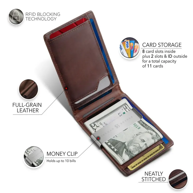 Money Clip Wallet | Mens Wallets slim | Front Pocket | RFID Blocking Card Holder | Minimalist Mini Bifold | Texas Brown