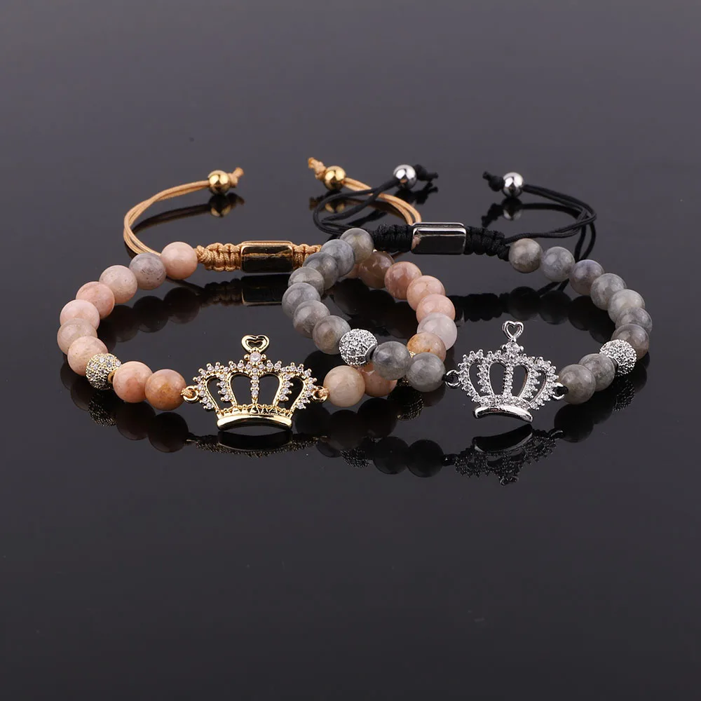 

New Fashion CZ Pave Crown Charm Natural Stone Amazonia Macrame Custom Beaded Bracelet Women Jewelry Gift