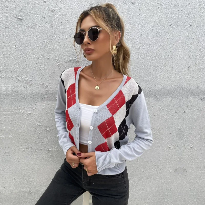 

3 Colors Argyle Jacquard Knitted Sweaters Spring Autumn Women V-Neck Single Breasted Cardigans Fashion Casual Plaid Short Tops