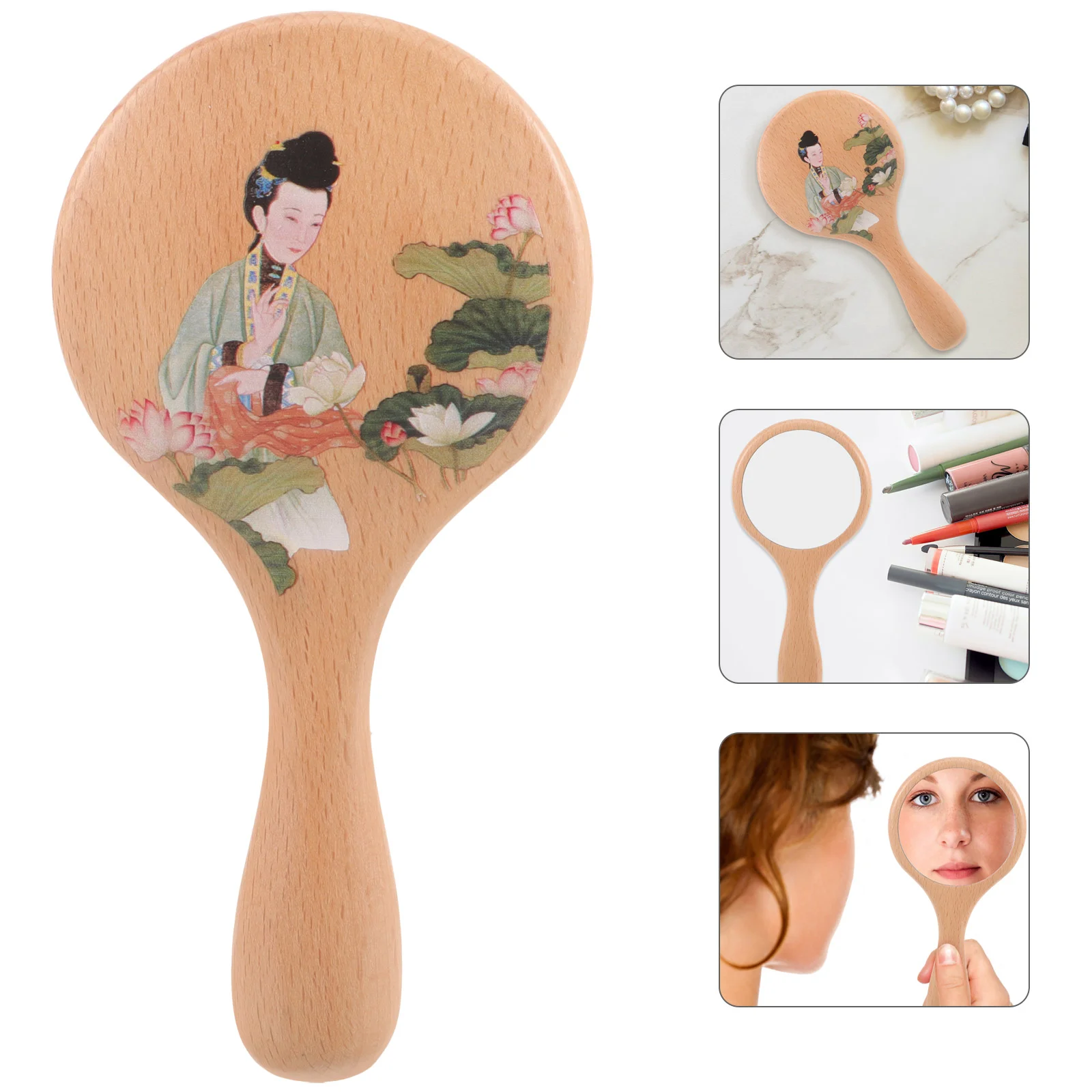 

Mirror Hand Handheld Makeup Travel Vanity Held Wooden Beauty Portable Compact Dressing Round Travelling Bedroom Tabletop Desktop