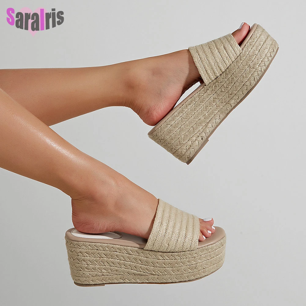 

2023 Chunky High Heels Wedges Espadrille Shoes For Women Summer Leisure Comfy Walk Straw Platform Sandal Leisure Slides Slippers