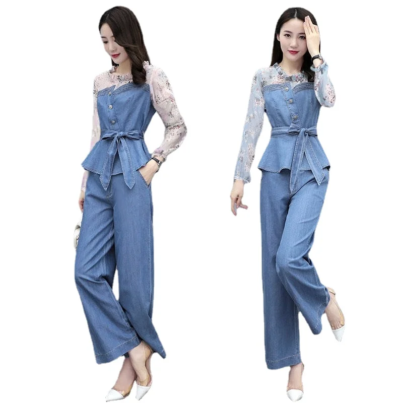 

Spring Autumn New Fashion Elegant Office Lady Denim Suit Short Sleeve Tops + High Waist Wide Leg Pants Two Piece Sets Pants Sets