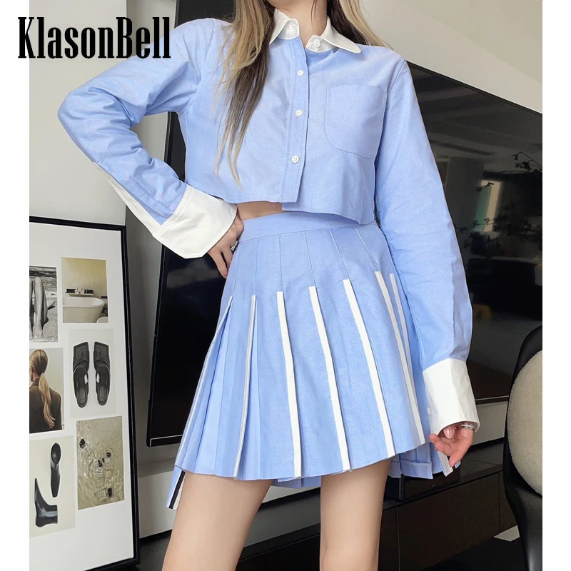 

7.6 KlasonBell Fashion Contrast Color Cotton Short Shirt Or Pleated Skirt Set Women