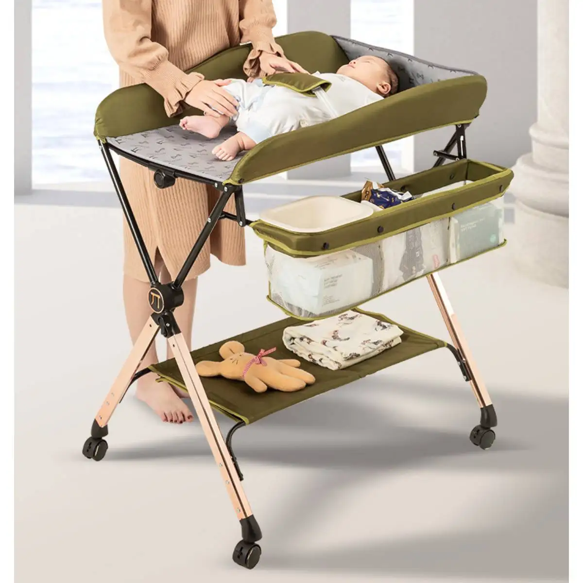 

Foldable diaper table for changing diapers; multifunctional mobile crib nursing table for newborn babies.