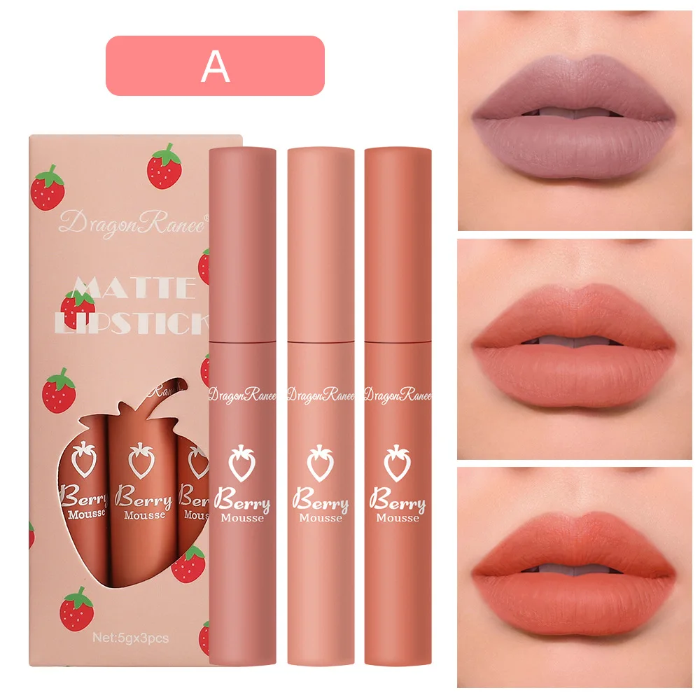 

3Pcs Strawberry Set Velvet Matte Lip Glaze Lipstick Lip Gloss Female Non-stick Cup Cute Set Women Cosmetics TSLM1