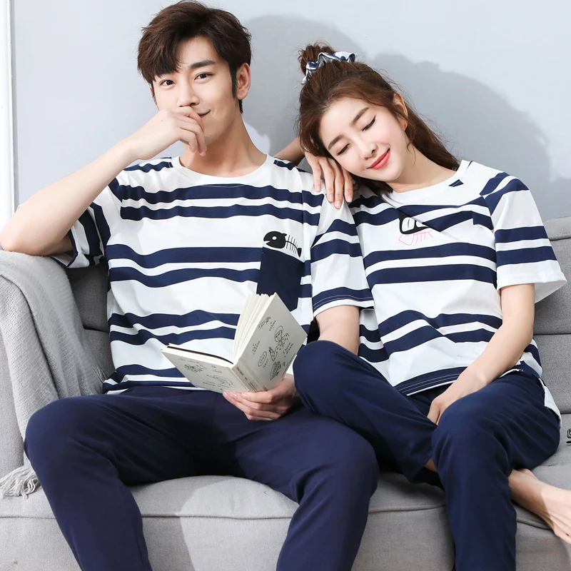 

Summer Short Sleeve Women Pajamas Set Cotton Matching Home Clothes Couple Shorts Nightwear Suit Cat Fish Print Lover Pyjamas Set