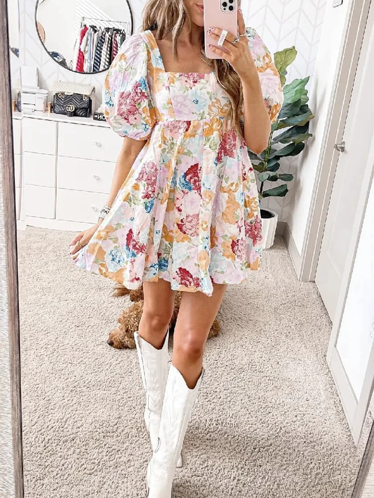 Gypsylady Boho Floral Chic Mini Dress Fancy Painted Summer Women Dresses Puff Sleeve Backless Holiday Casual Ladies Vestidos