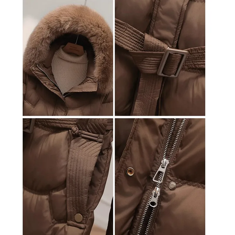 90 Белый утиный пуховик для женщин 2024 новый корейский модный пояс длинные пальто