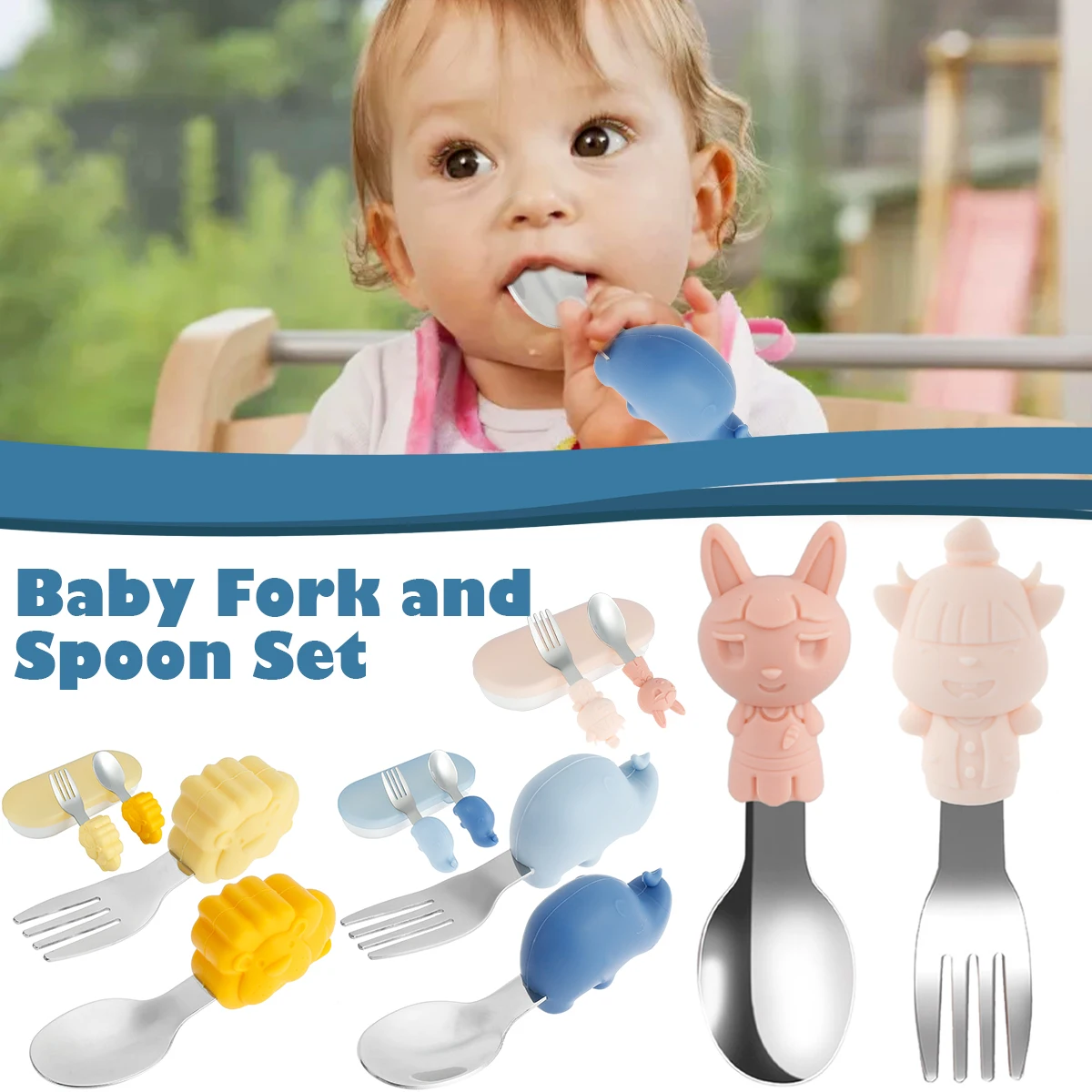 

Baby Gadgets Tableware Set Children Utensil Stainless Steel Toddler Dinnerware Cutlery Cartoon Infant Food Feeding Spoon Fork