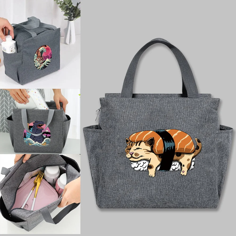 

Fashion Lunch Bag Insulated Thermal Lovely Japan Cat Grey Breakfast Box Bags New Women Portable Hand Pack Picnic Travel Products