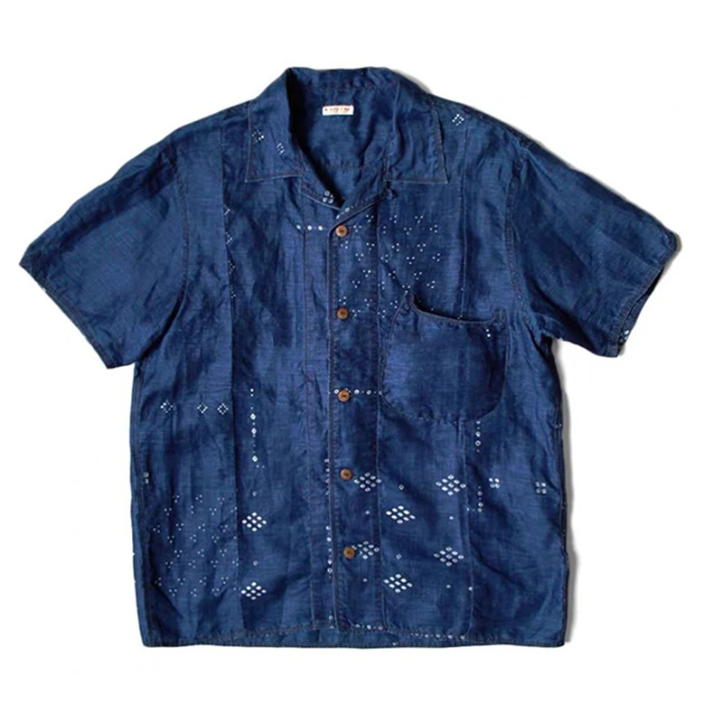 

KAPITAL 22SS Japanese Retro Blue-dyed Tannin Denim Cotton Printing Pocket Men's Short-sleeved Shirt