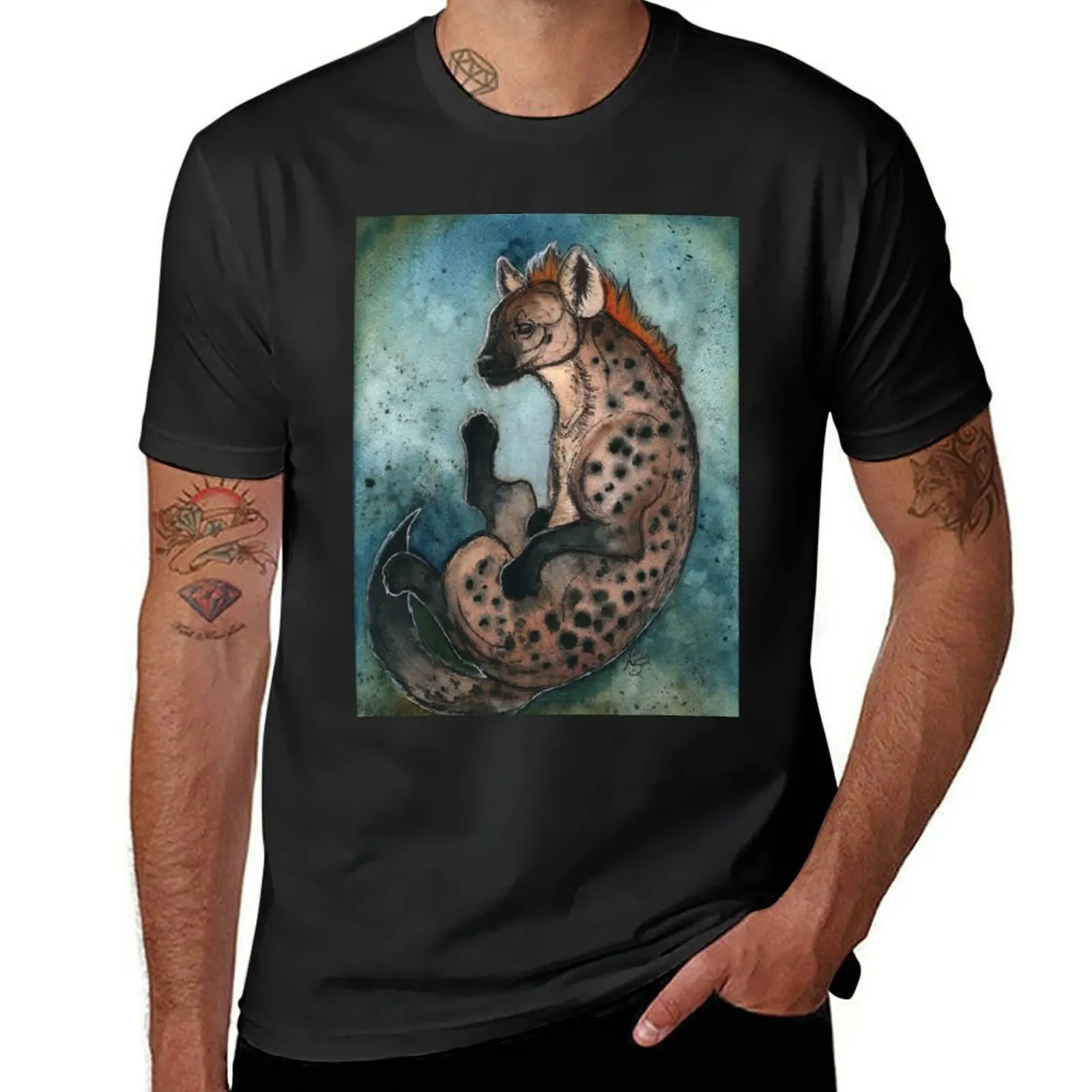 Футболка Watercolor Wildlife: Misunderstood (Spotted Hyaena) черная хлопковая