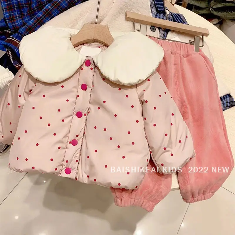 

Симпатичные хлопковые пальто для маленьких девочек, пальто с милым розовым принтом и кукольным воротником, детская плотная теплая бархатна...