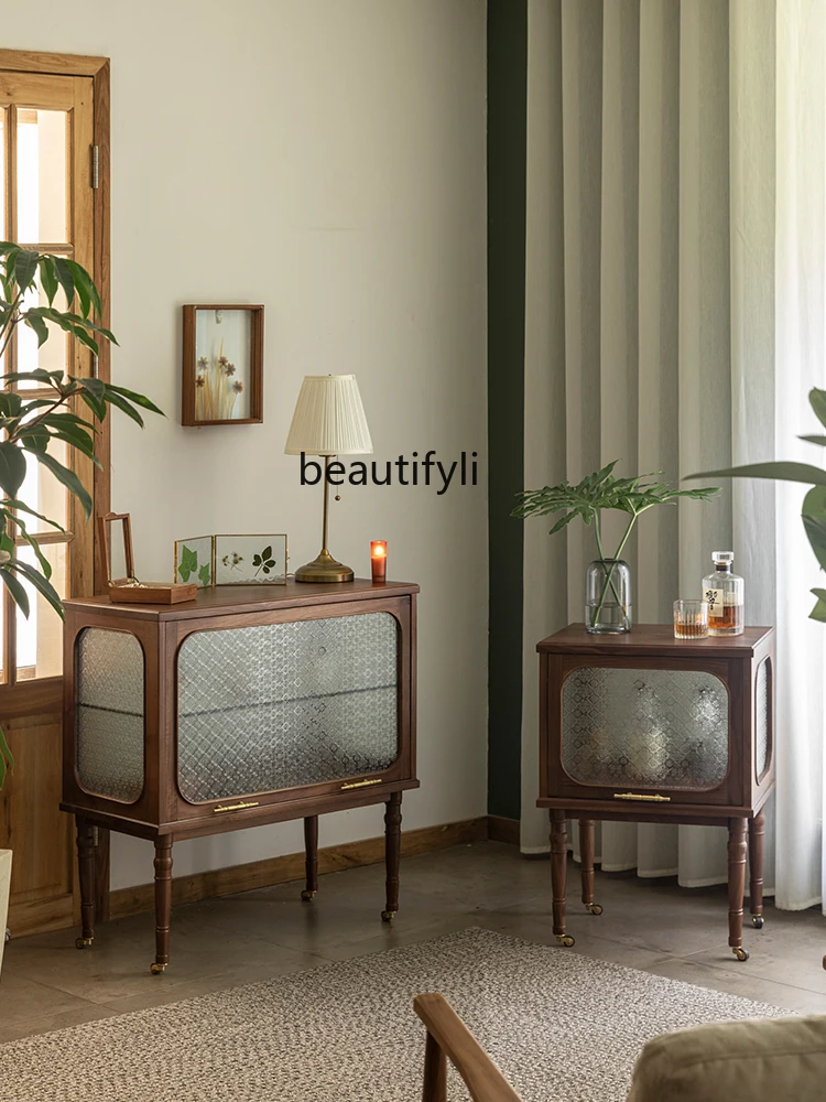 

zqBlack Walnut Retro All Solid Wood Wall Light Luxury Side Cabinet Small Apartment Mid-Ancient American Style Storage Cabinet