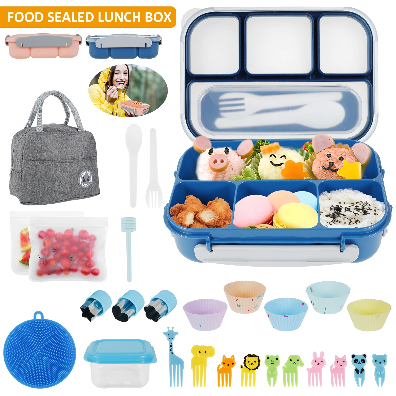 

27Pcs Bento Box Lunch Box Kit Reusable Bento Lunch Box Set 1300ml Lunch Food Container with Compartments Leak-proof Bento