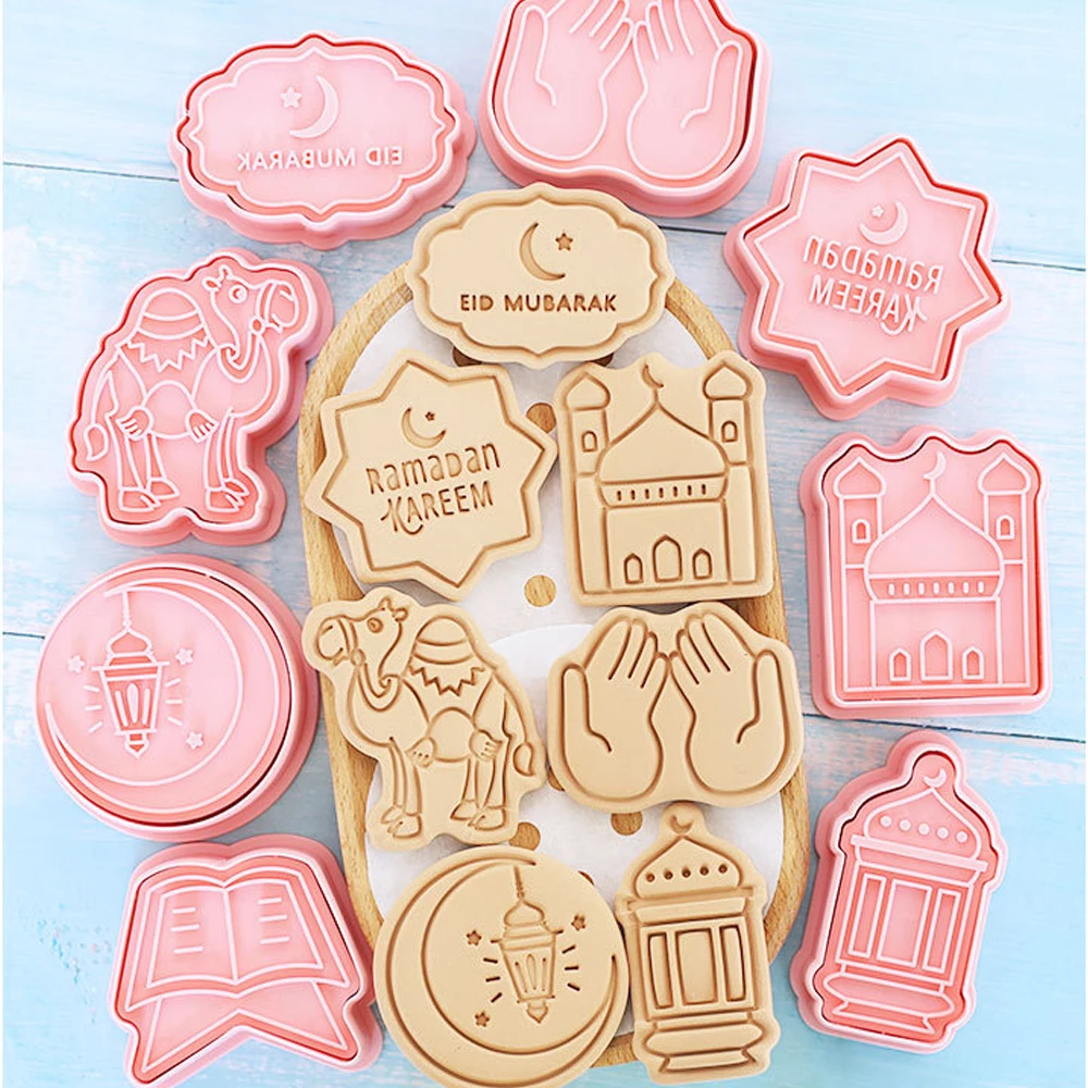 Set de cortadores de galletas Eid Mubarak, sello islámico de luna y estrella, herramienta de decoración de pasteles Fondant para el hogar, galletas Al Adha Ramadán Kareem, 8 piezas