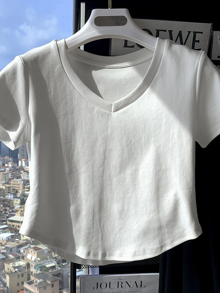 V-neck Shoulder Cotton Crop T-shirt Women Spring and Autumn 2024 New High Waist Slimming Gyaru Slim fit Inner wear Short slee...