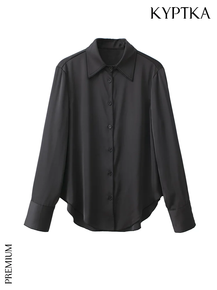 

KYPTKA Women Fashion Flowing Asymmetric Satin Shirts Vintage Long Sleeve Button-up Female Blosues Blusas Chic Tops