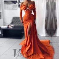 orange evening dress sweetheart wedding party satin long sleeve arabic dubai mermaid prom gown celebrity customised abendkleider