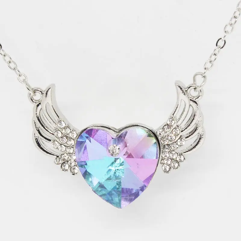 

Rainbow Heart Crystal Angel's Wing Pendant Necklaces for Women Girl White Gold Color Necklace Female Party Jewelry Dropshipping
