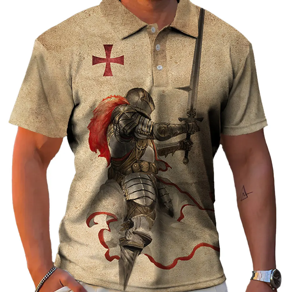 

Vintage Polo Shirt Men'S Golfwear 3d Printed Crusader Pattern Polo Shirt Tops Casual Social Breathable Short Sleeve Clothing