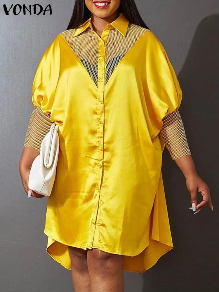 

Elegant Knee-Lenght Dress VONDA Women Hollow Out Lace Patchwork Dress Vintage Lantern Sleeve Sundress Casual Vestido Femininas