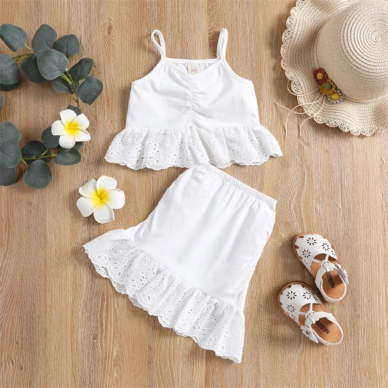 

Летняя одежда для маленьких девочек, 2 шт., кружевная отделка без рукавов, топ с рюшами, юбка, комплект, вечерние платья, детские комплекты оде...