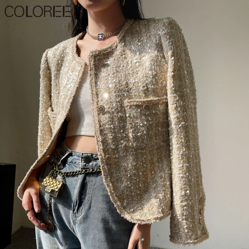 

Женская твидовая куртка с блестками, Элегантная короткая шерстяная куртка с круглым вырезом, Осень-зима 2023