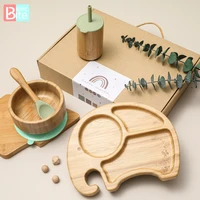 4pcs wooden dinner plate silicone suction cup non slip waterproof fork spoon cartoon elephant feeding dinner plate tableware