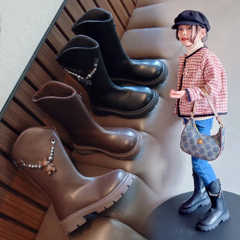

Girls High Boots 2022 Autumn and Winter Chic Versatile Fashion Child Korean Style Bear Chains Cute Back Zip Princess Unique Shoe