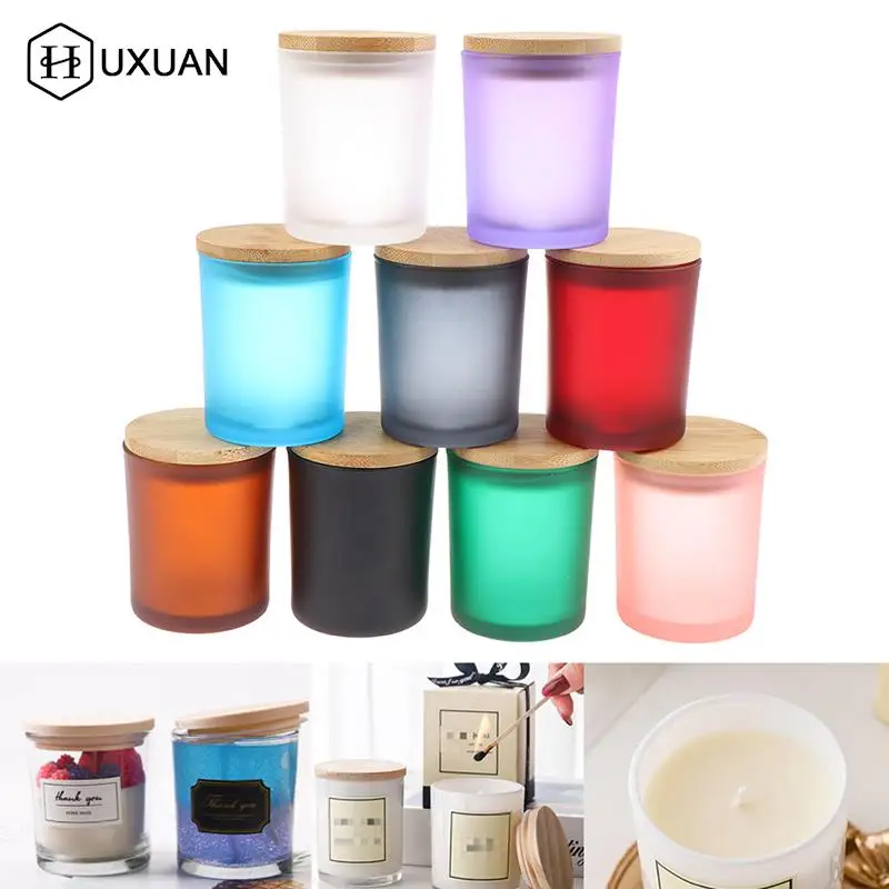 1 Piece Frosted Glass Jar Candle Cup Empty Container Aromatherapy Candle Holder With Wood Lid