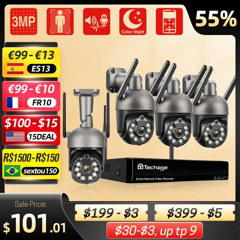 

Камера видеонаблюдения Techage беспроводная, 8 каналов, 3 Мп, Wifi, PTZ